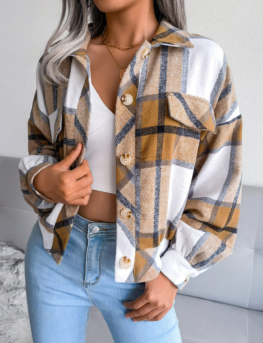 Women's Flannel Plaid Button Down Cropped Jacket