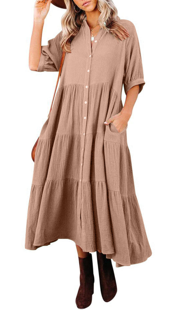 Women's Button Down Tiered Ruffle Flowy Midi Dress with Pockets