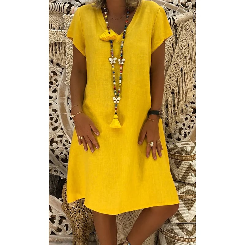 Cotton-Polyester Blend Dresses Casual V Neck Midi Dress🔥