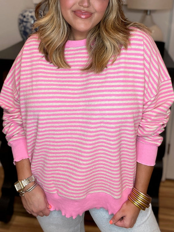 Women's Casual Lettuce Edge Striped Pullover