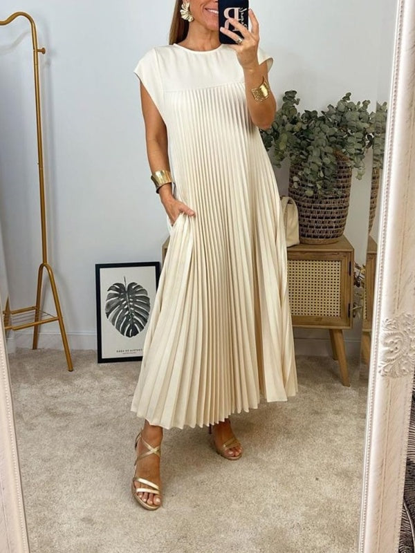 Women's Cap Sleeve Pleated Flowy Maxi Dress