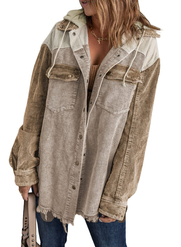 Women's Color Block Corduroy Hooded Jacket