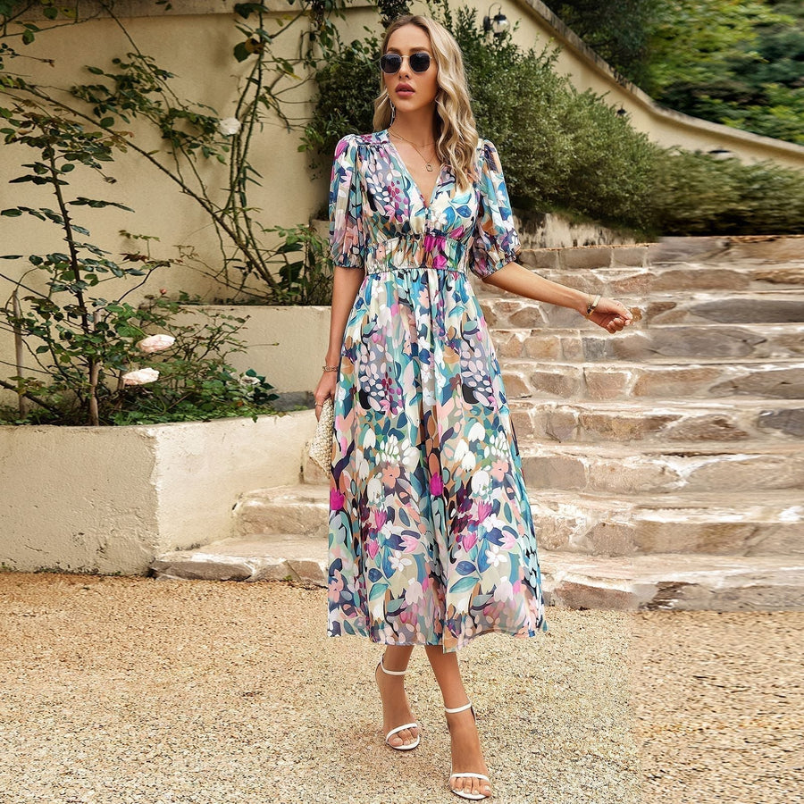 Women Summer 2025 Elegant Waist Dress with Print