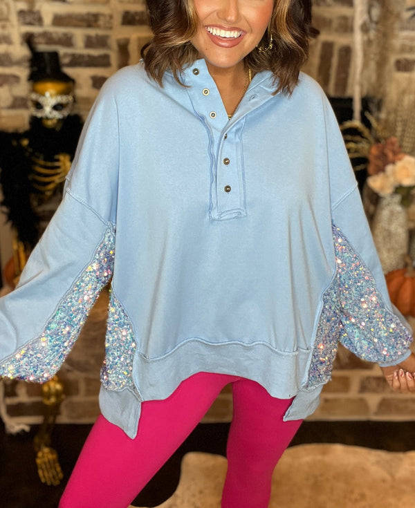 Sequin Colorblock Henley Sweatshirt