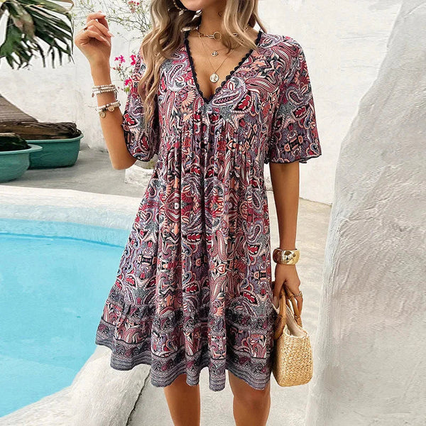 🔥BUY 2 GET FREE SHIPPING👗Women’s Flower Print V Neck Short Sleeve Mini Dress