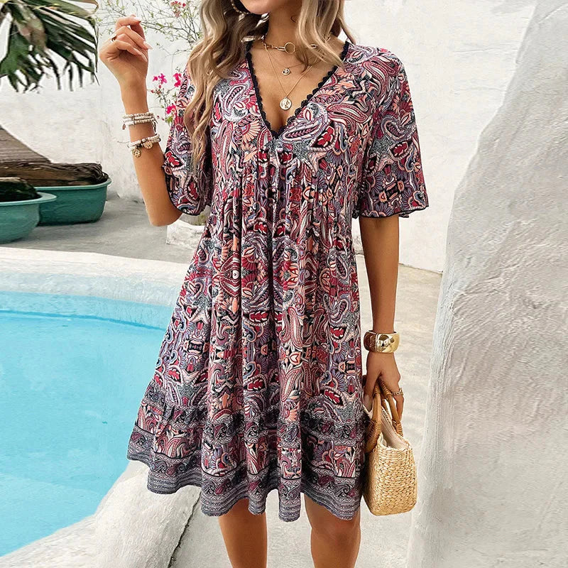 🔥BUY 2 GET FREE SHIPPING👗Women’s Flower Print V Neck Short Sleeve Mini Dress